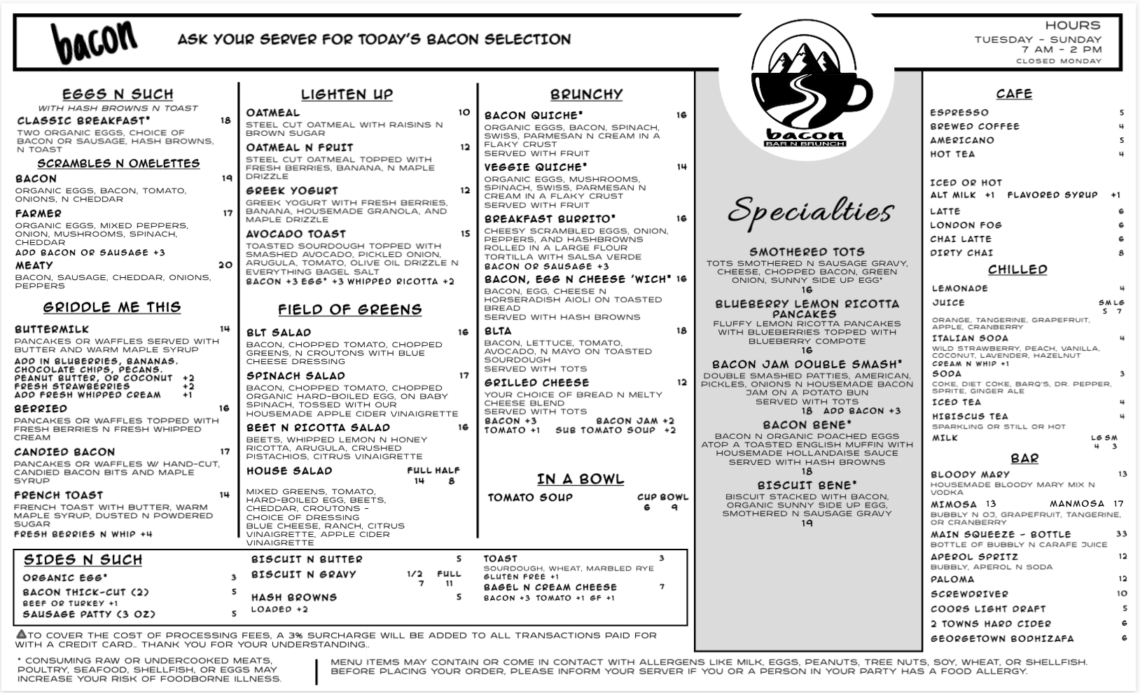 Food menu — bacon, eggs, pancakes, waffles, and biscuits