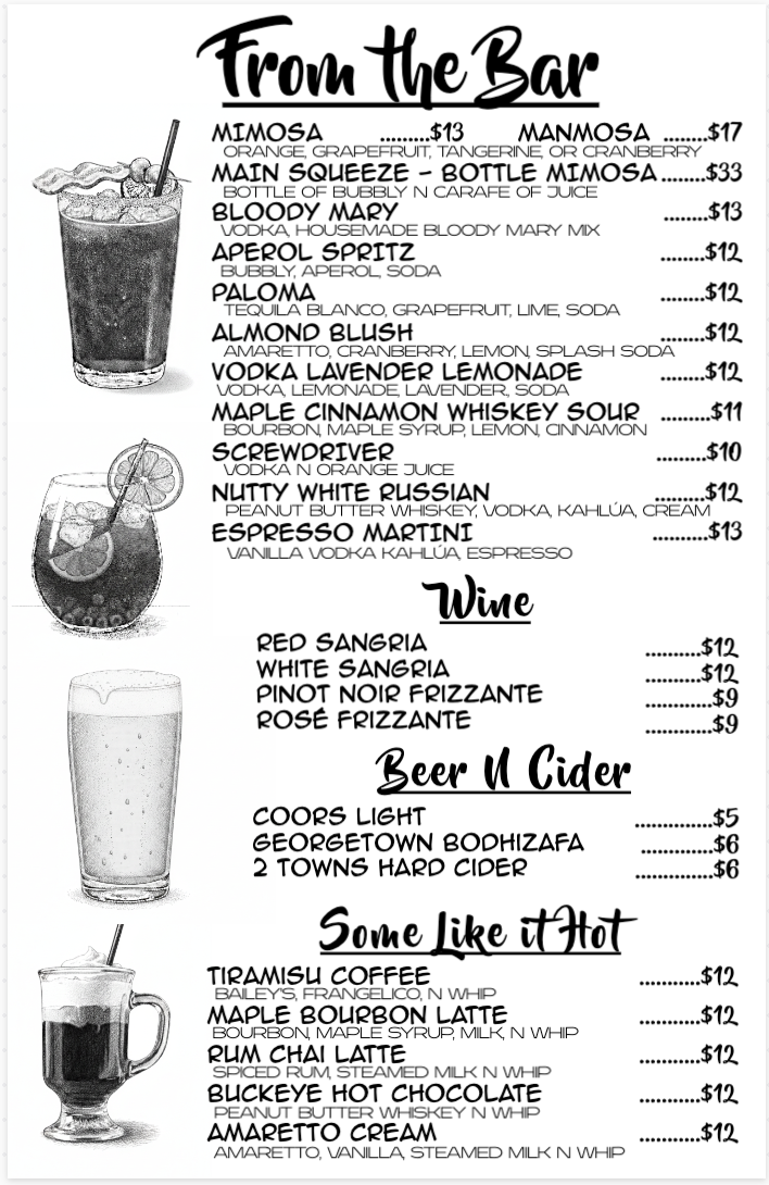 Bar menu — mimosas, Bloody Marys, espresso martinis, and more
