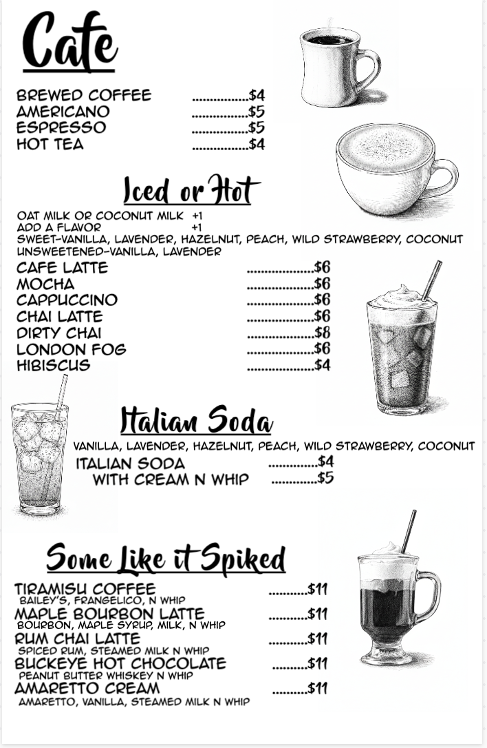 Cafe menu — coffees, chais, Italian sodas, and spiked drinks