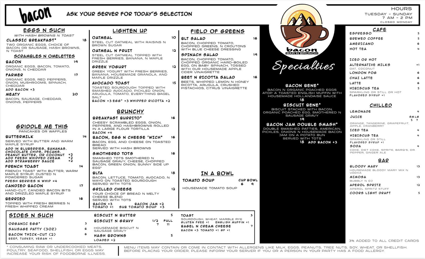 Our menu — bacon, eggs, pancakes, and waffles!